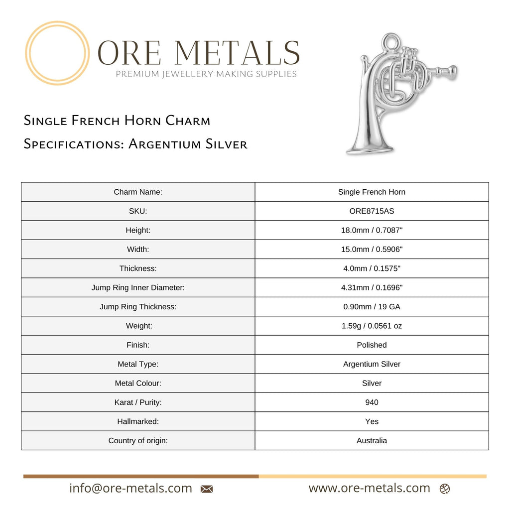 940 Argentium Silver - Single French Horn Charm