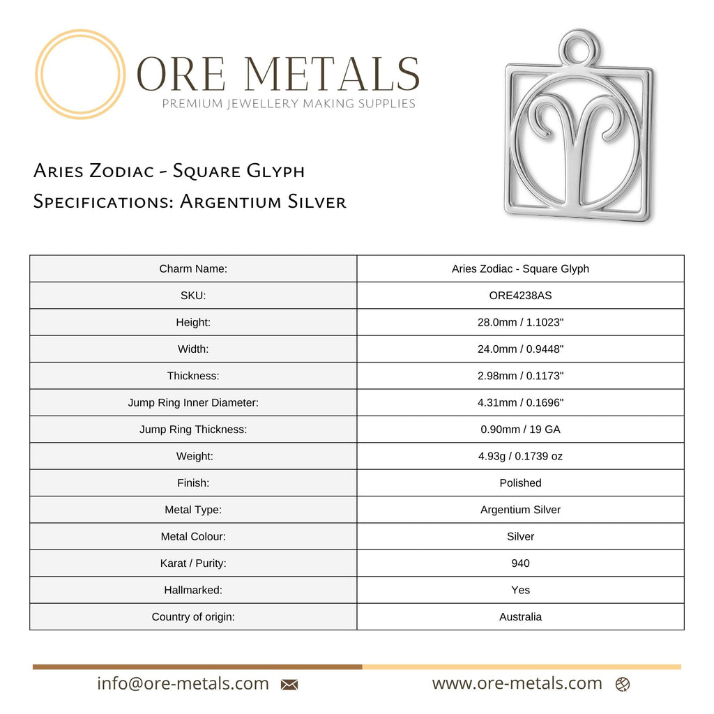 940 Argentium Silver - Aries Zodiac Square Charm