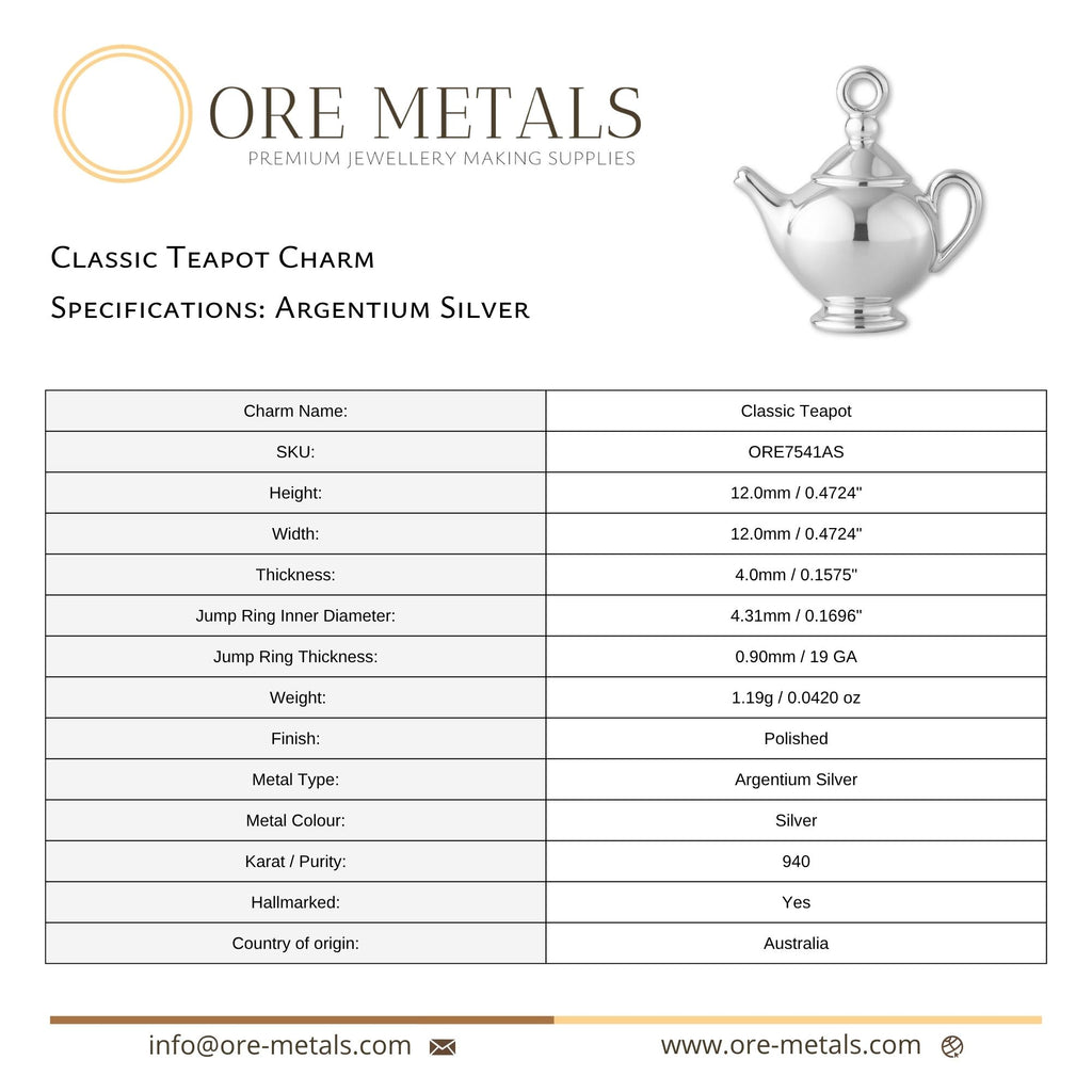940 Argentium Silver - Classic Teapot Charm