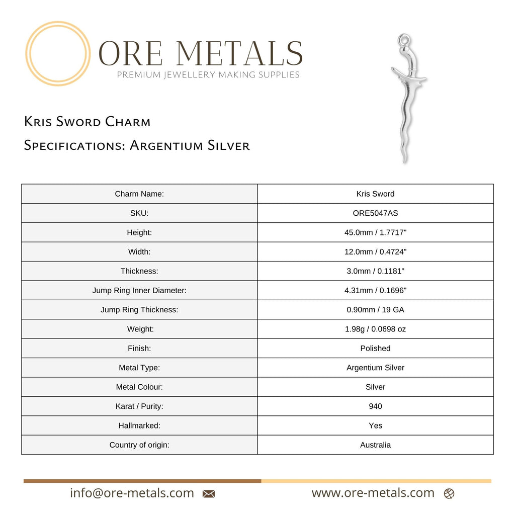 940 Argentium Silver - Kris Sword Charm