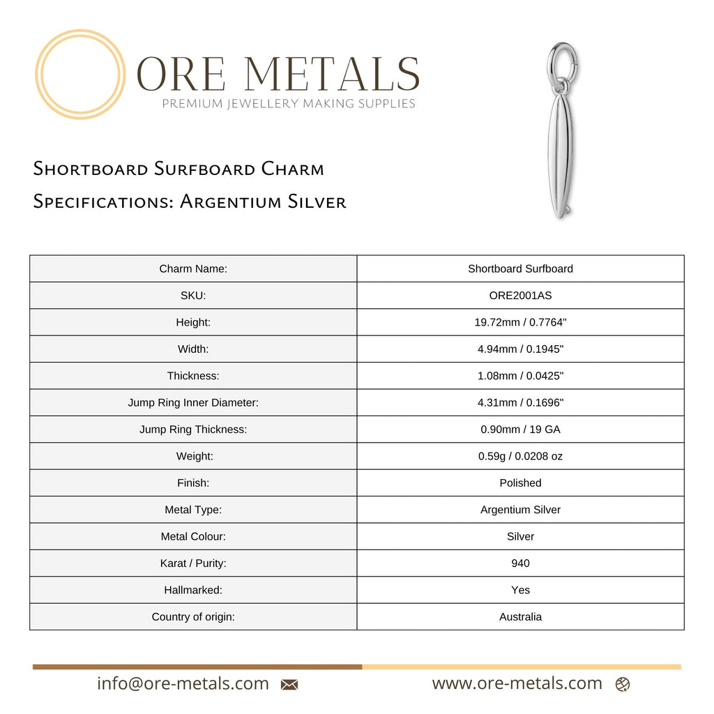 940 Argentium Silver - Shortboard Surfboard Charm