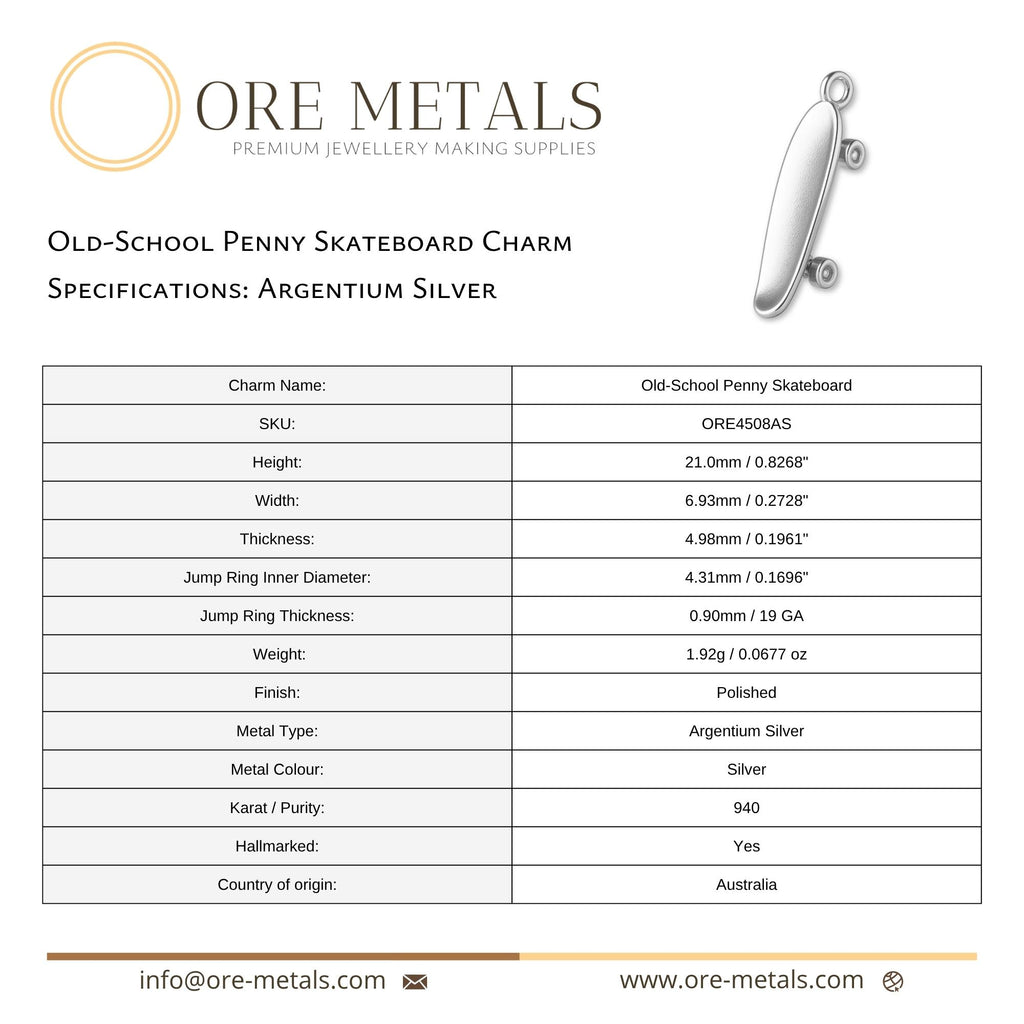 940 Argentium Silver - Old-School Penny Skateboard Charm