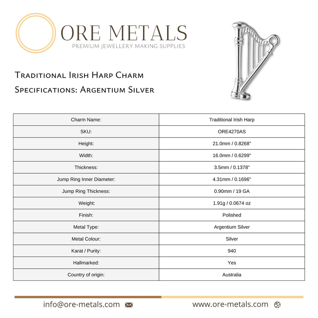 940 Argentium Silver - Traditional Irish Harp Charm