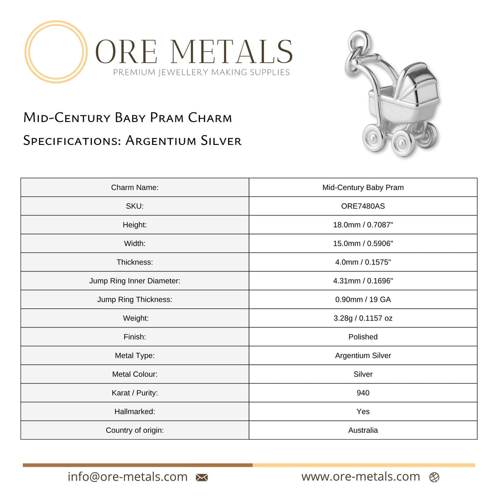 940 Argentium Silver - Mid–Century Baby Pram Charm