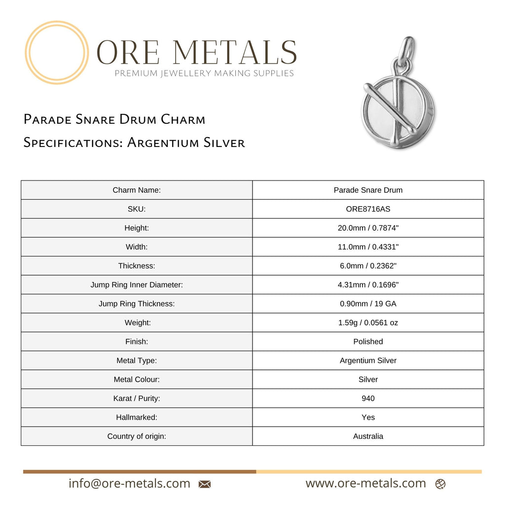940 Argentium Silver - Parade Snare Drum Charm