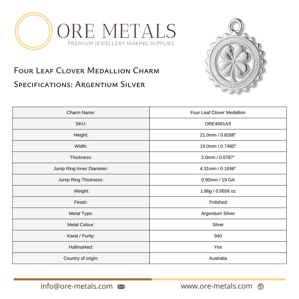 940 Argentium Silver - Four Leaf Clover Medallion Charm