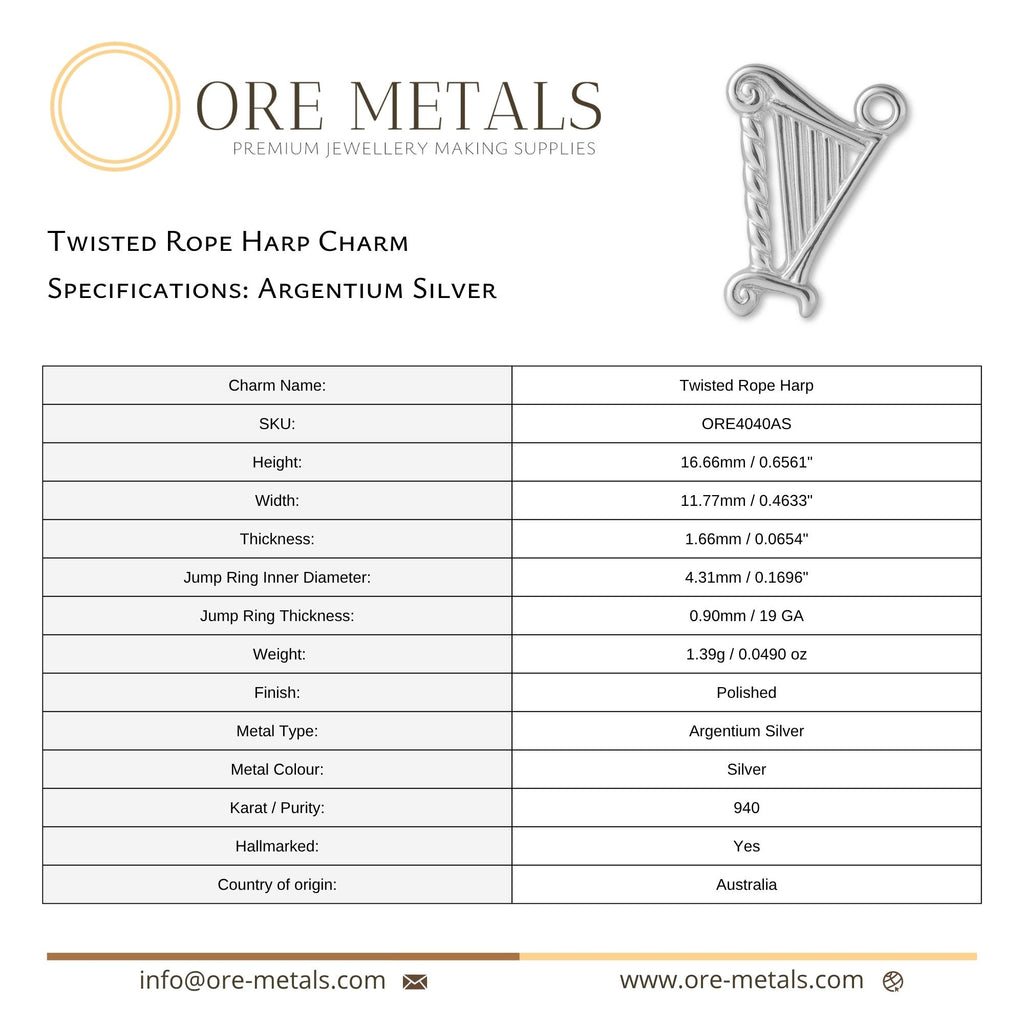 940 Argentium Silver - Twisted Rope Harp Charm