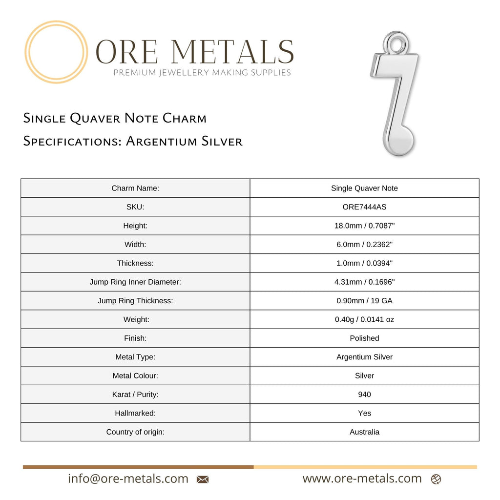 940 Argentium Silver - Single Quaver Note Charm
