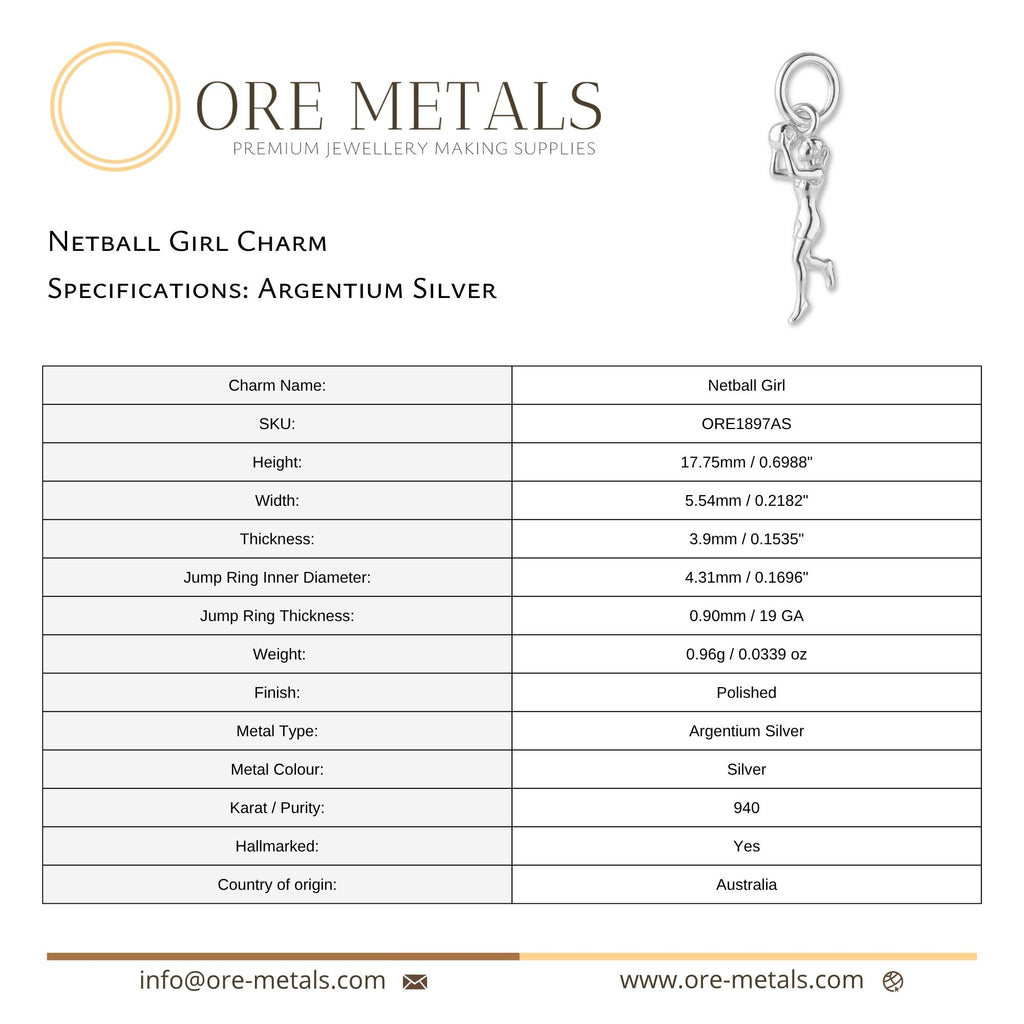 940 Argentium Silver - Netball Girl Charm