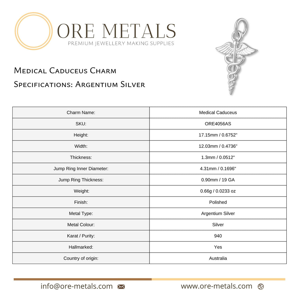 940 Argentium Silver - Medical Caduceus Charm
