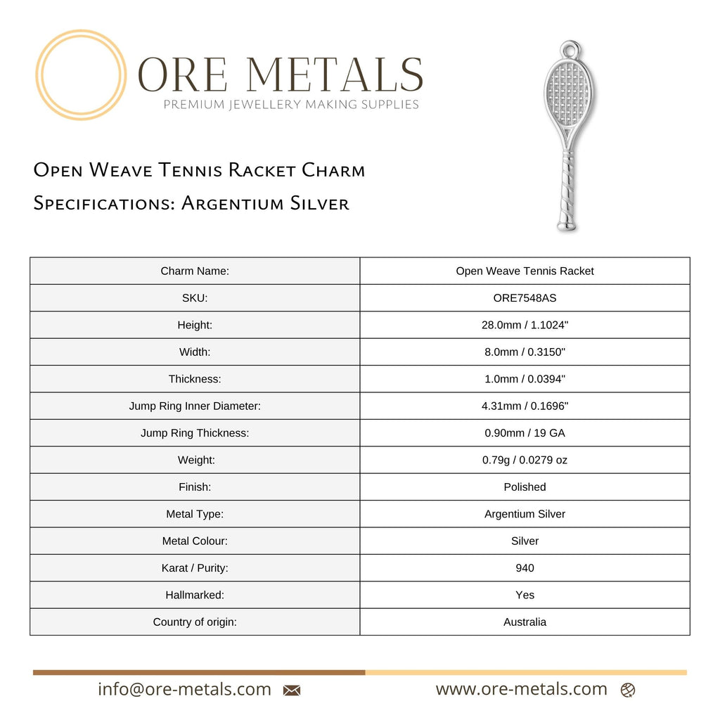 940 Argentium Silver - Open Weave Tennis Racket Charm