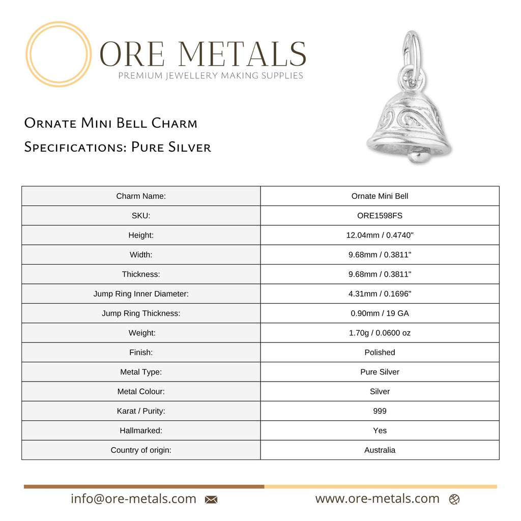 999 Pure Silver - Ornate Mini Bell Charm