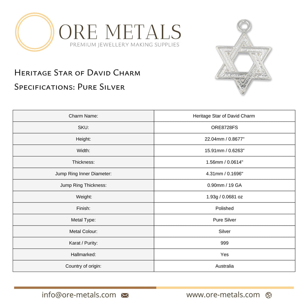 999 Pure Silver - Heritage Star of David Charm