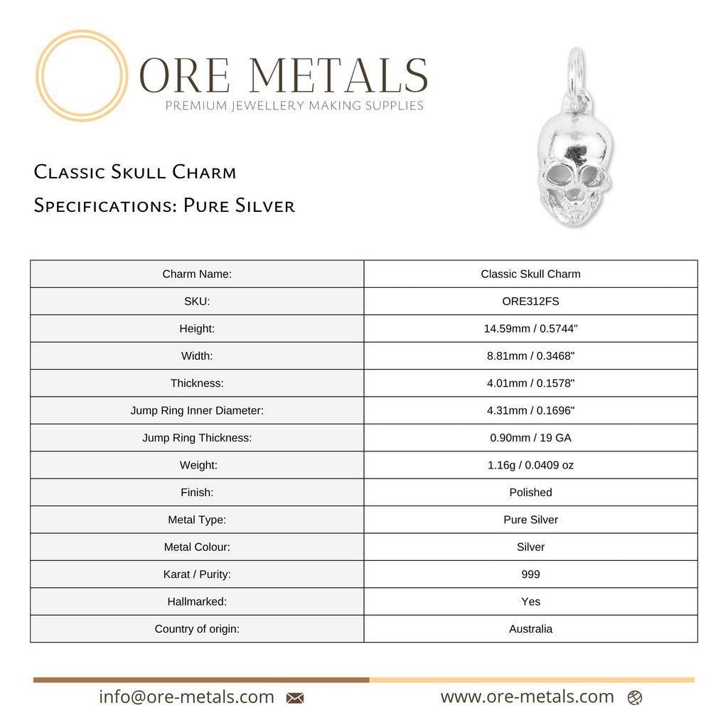 999 Pure Silver - Classic Skull Charm