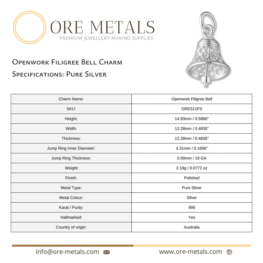 999 Pure Silver - Openwork Filigree Bell Charm