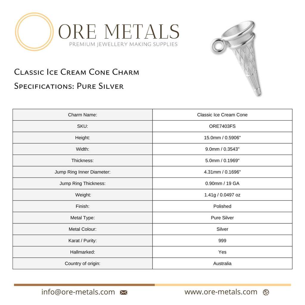 999 Pure Silver - Classic Ice Cream Cone Charm