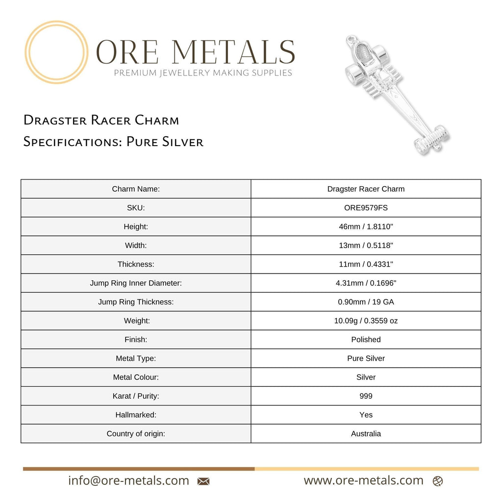 999 Pure Silver - Dragster Racer Charm