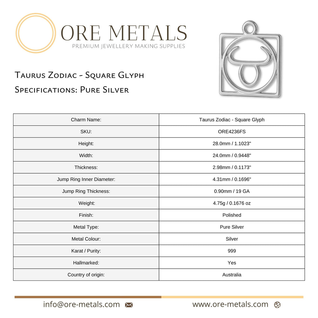 999 Pure Silver - Taurus Zodiac Square Charm