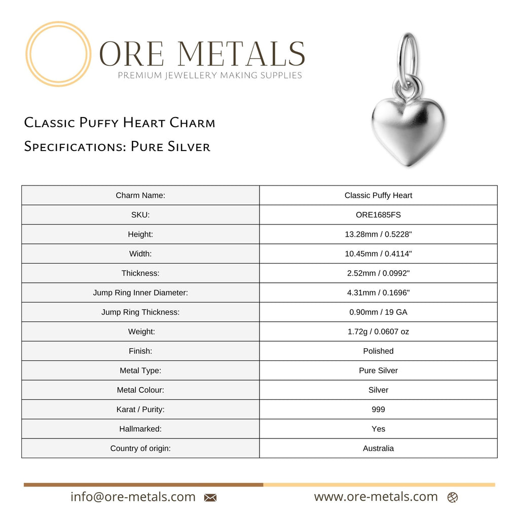 999 Pure Silver - Classic Puffy Heart Charm