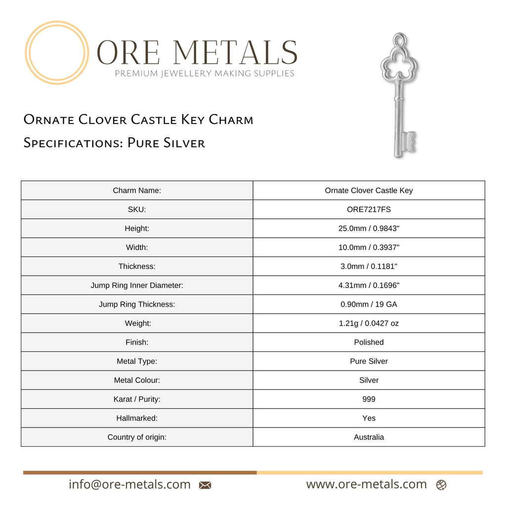 999 Pure Silver - Ornate Clover Castle Key Charm