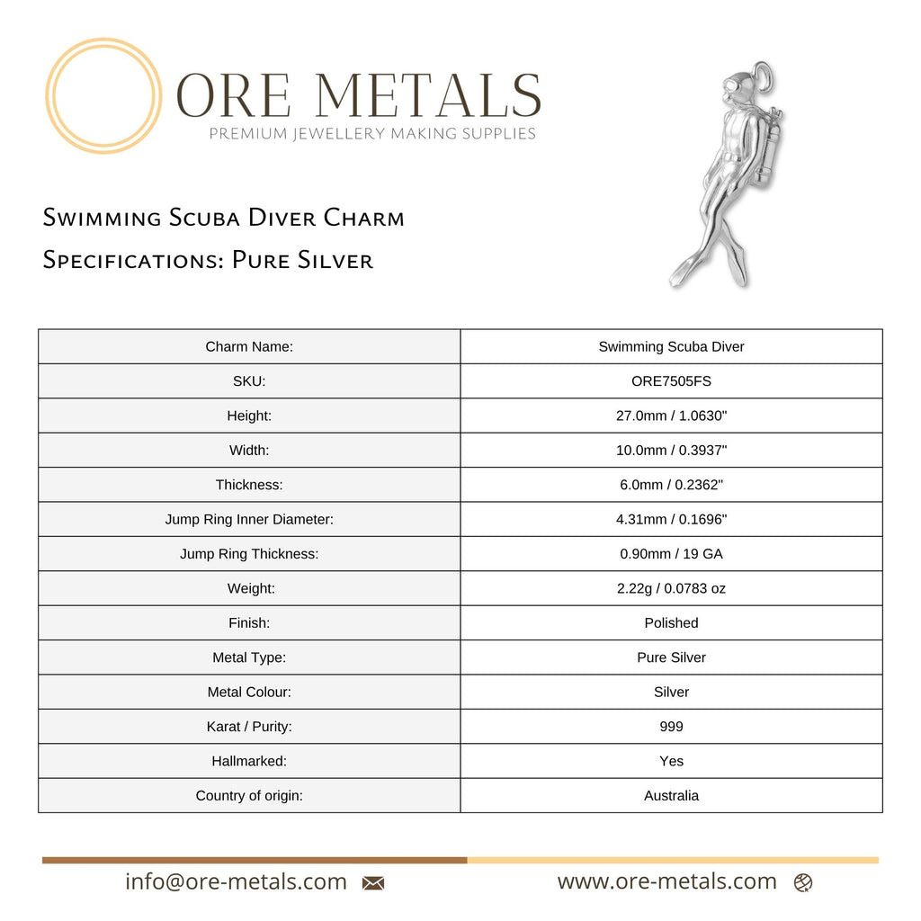 999 Pure Silver - Swimming Scuba Diver Charm