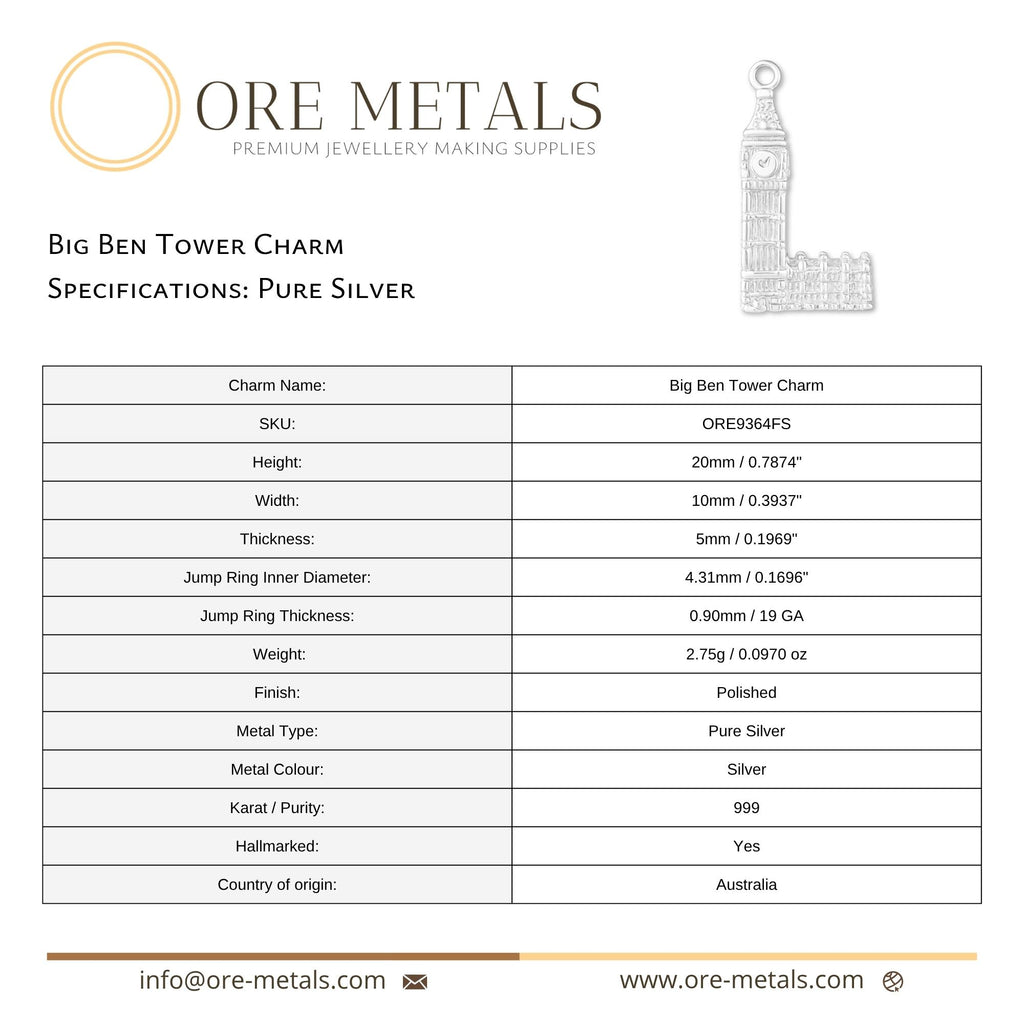 999 Pure Silver - Big Ben Tower Charm