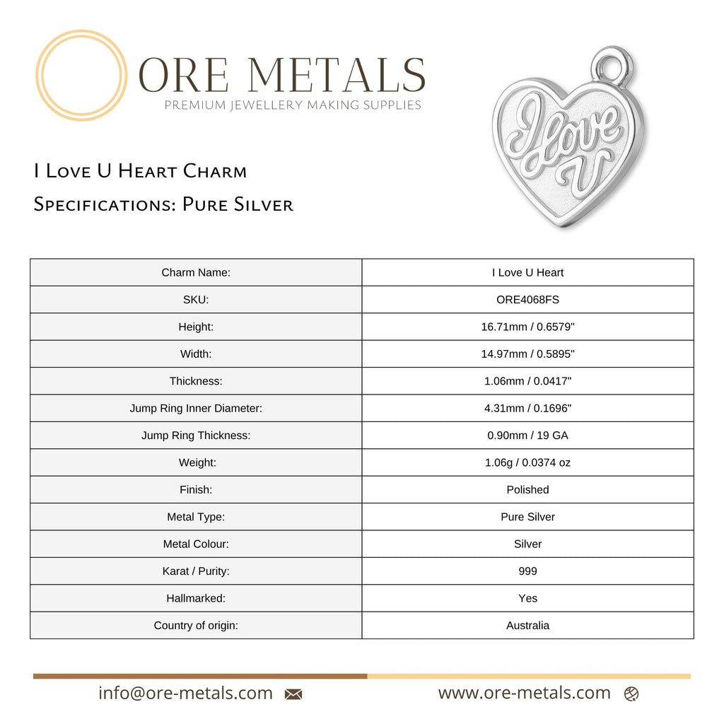 999 Pure Silver - I Love U Heart Charm