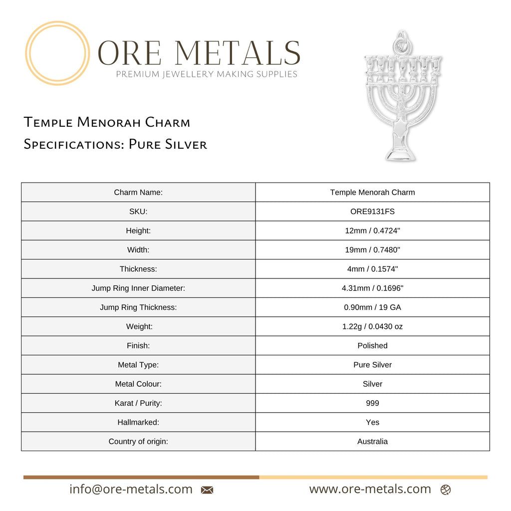 999 Pure Silver - Temple Menorah Charm