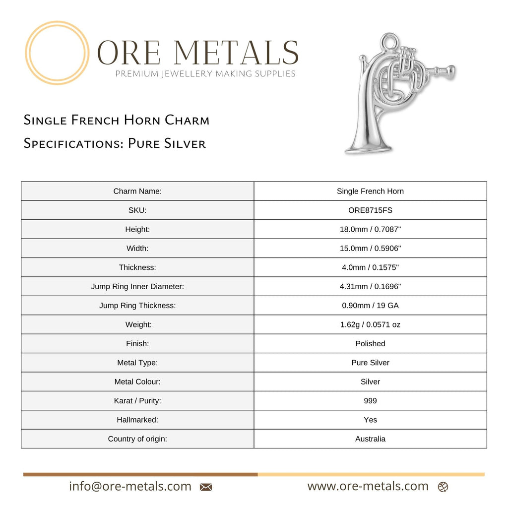 999 Pure Silver - Single French Horn Charm