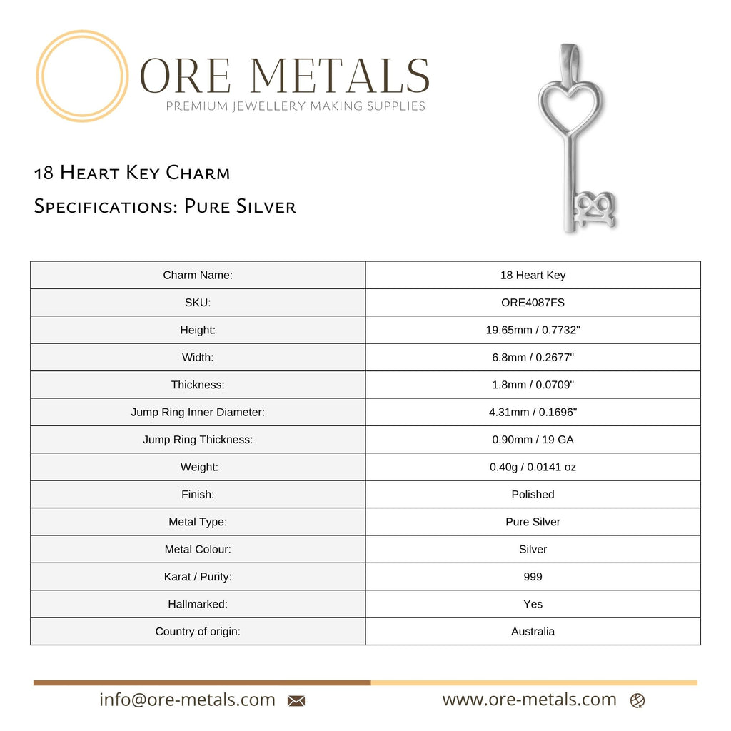 999 Pure Silver - 18 Heart Key Charm