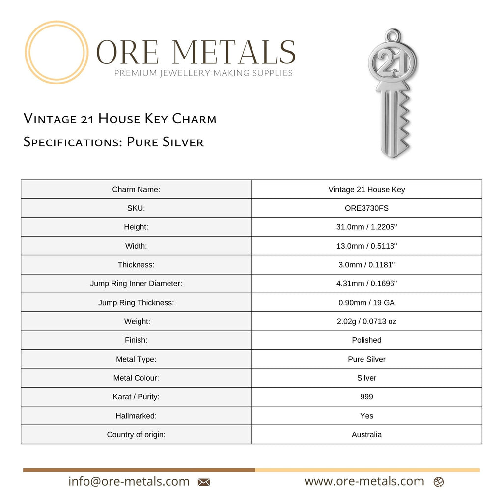999 Pure Silver - Vintage 21 House Key Charm