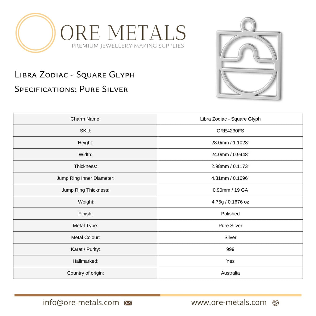 999 Pure Silver - Libra Zodiac Square Charm