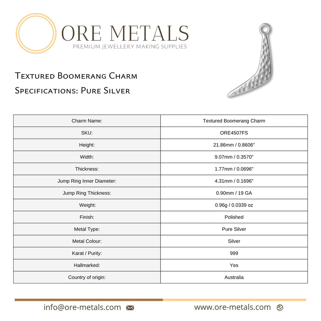 999 Pure Silver - Textured Boomerang Charm