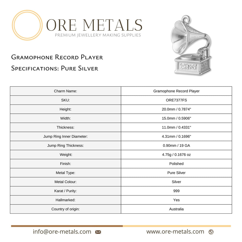 999 Pure Silver - Gramophone Record Player Charm