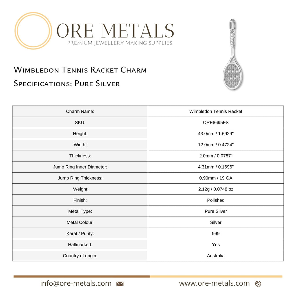 999 Pure Silver - Wimbledon Tennis Racket Charm