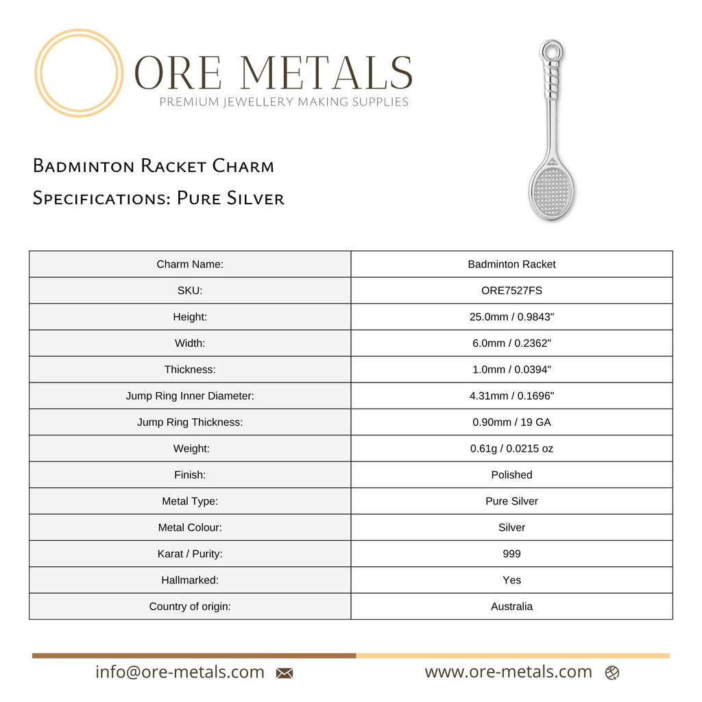 999 Pure Silver - Badminton Racket Charm