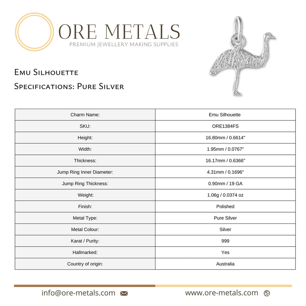 999 Pure Silver - Emu Silhouette Charm