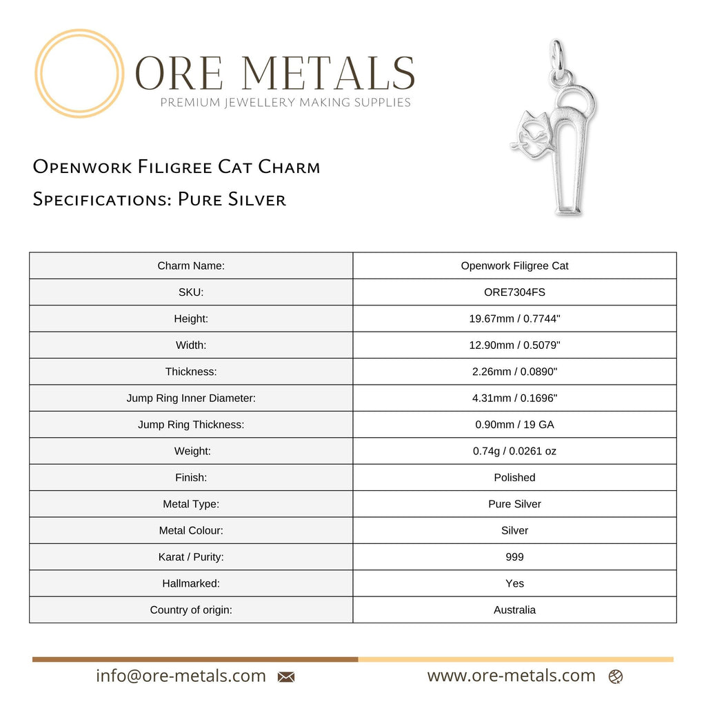 999 Pure Silver - Openwork Filigree Cat Charm