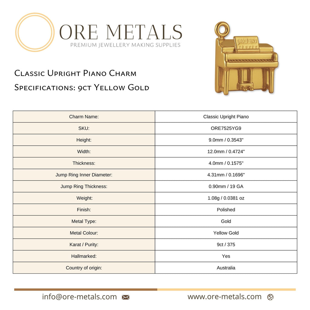 9ct Yellow Gold - Classic Upright Piano Charm