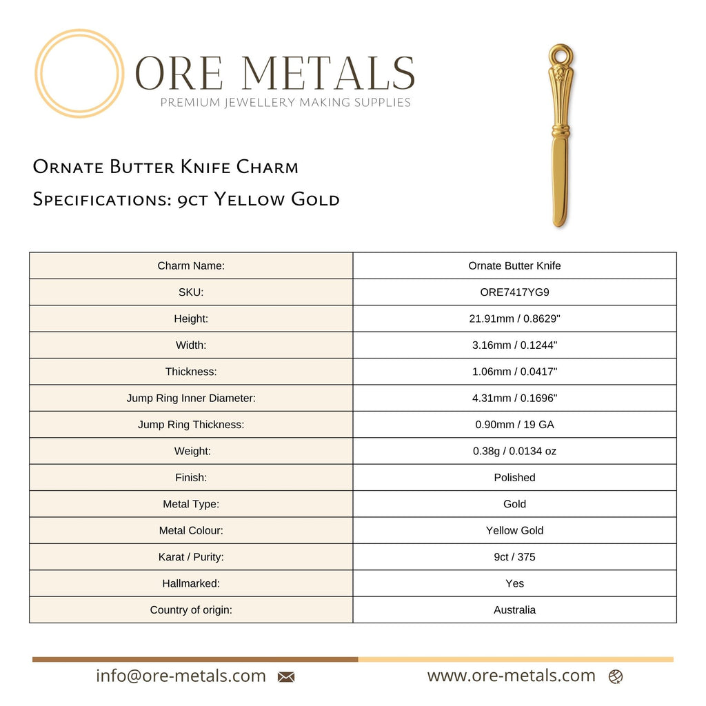 9ct Yellow Gold - Ornate Butter Knife Charm