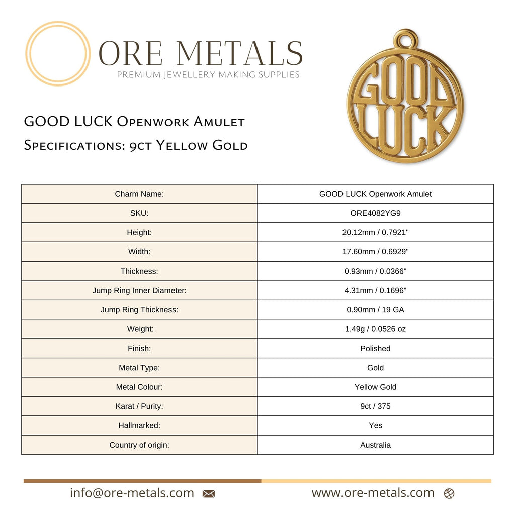 9ct Yellow Gold - GOOD LUCK Openwork Charm