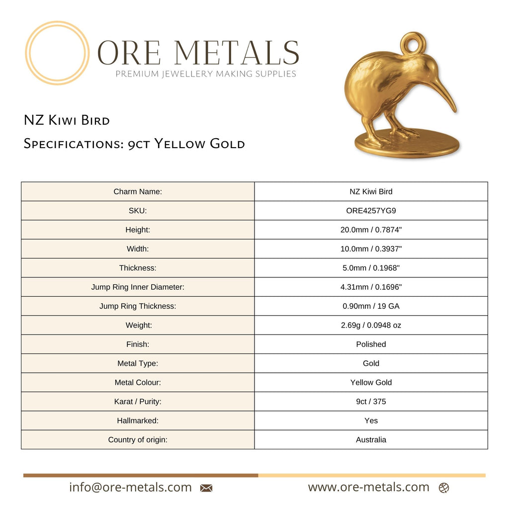 9ct Yellow Gold - NZ Kiwi Bird Charm