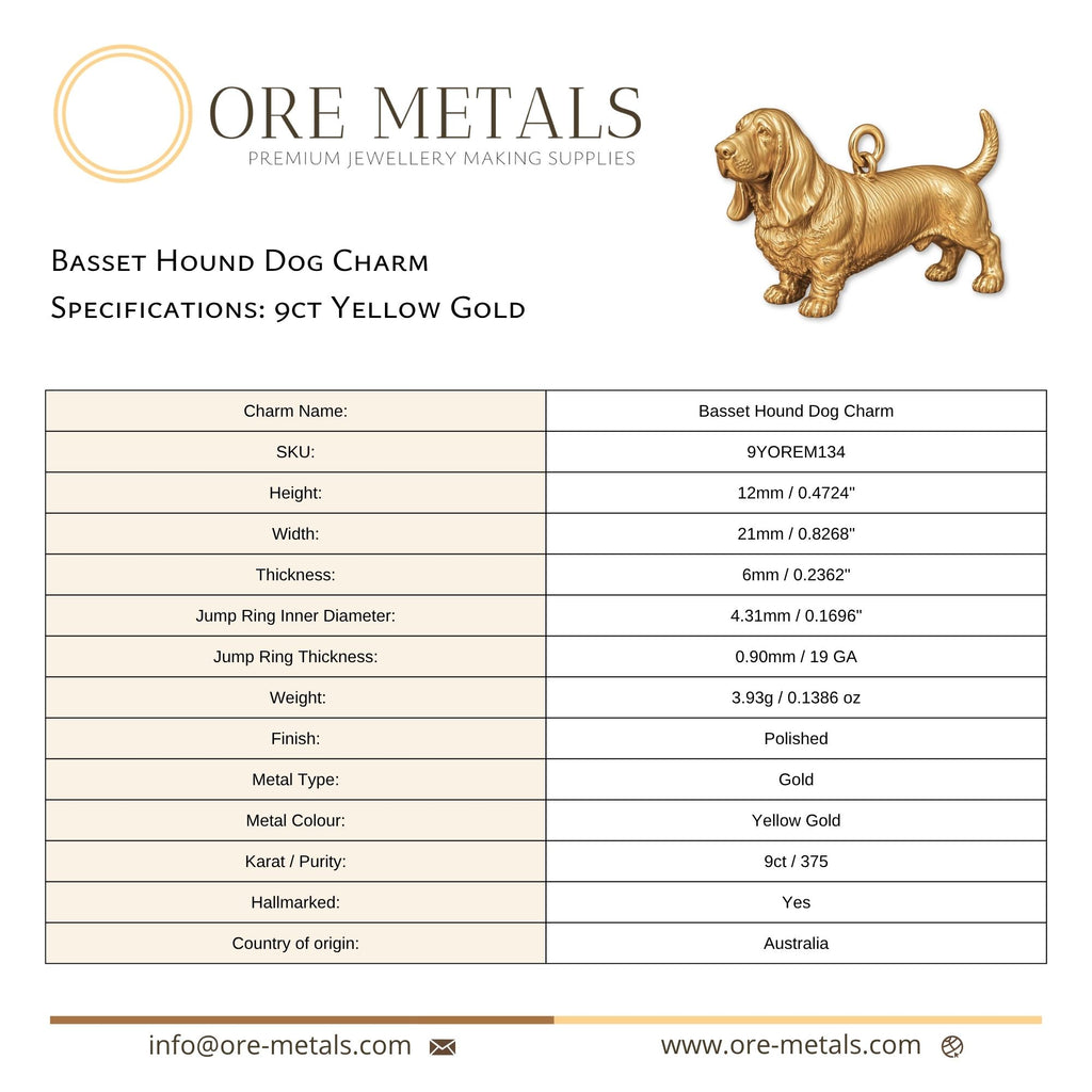 9ct Yellow Gold - Basset Hound Dog Charm