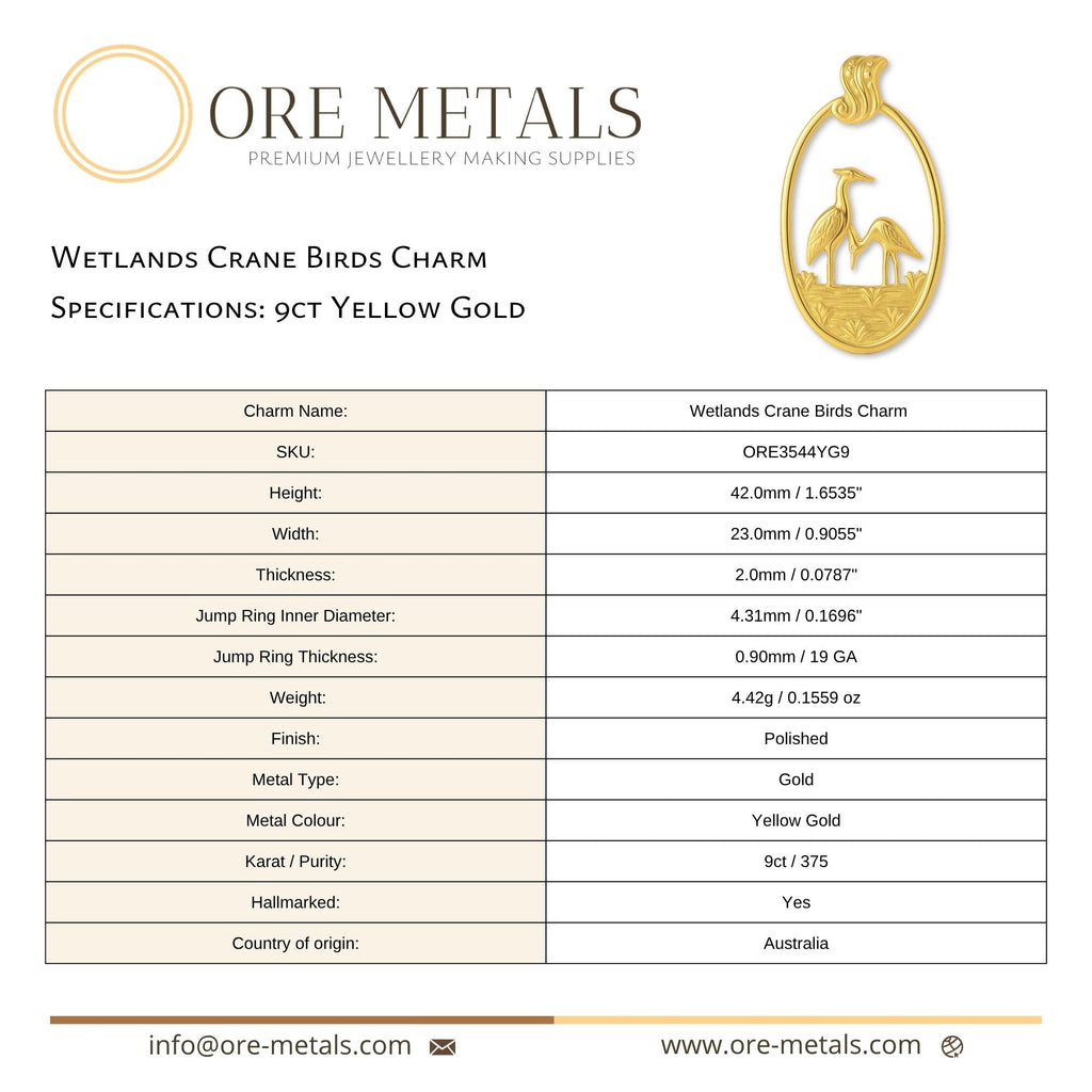 9ct Yellow Gold - Wetlands Crane Birds Charm