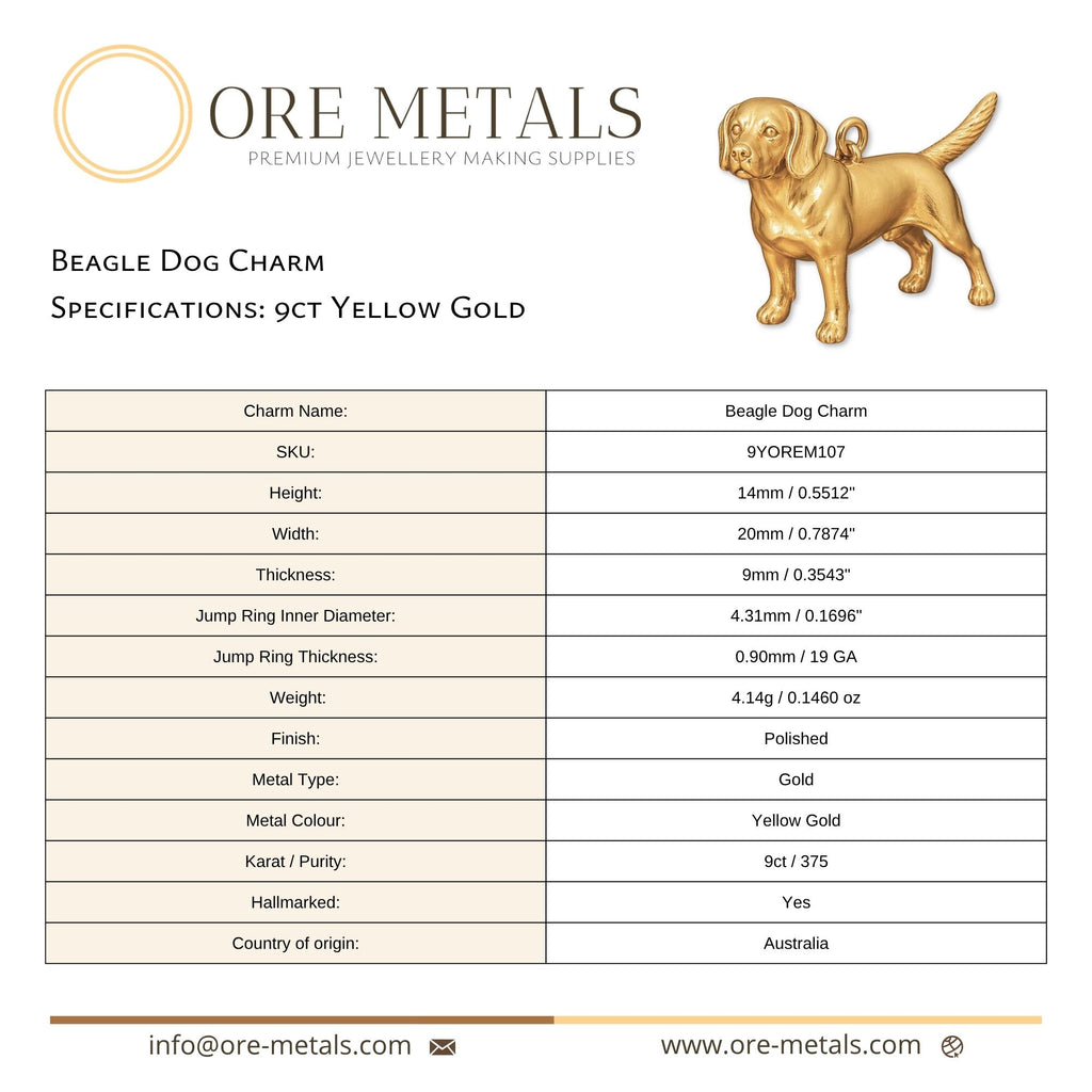 9ct Yellow Gold - Beagle Dog Charm