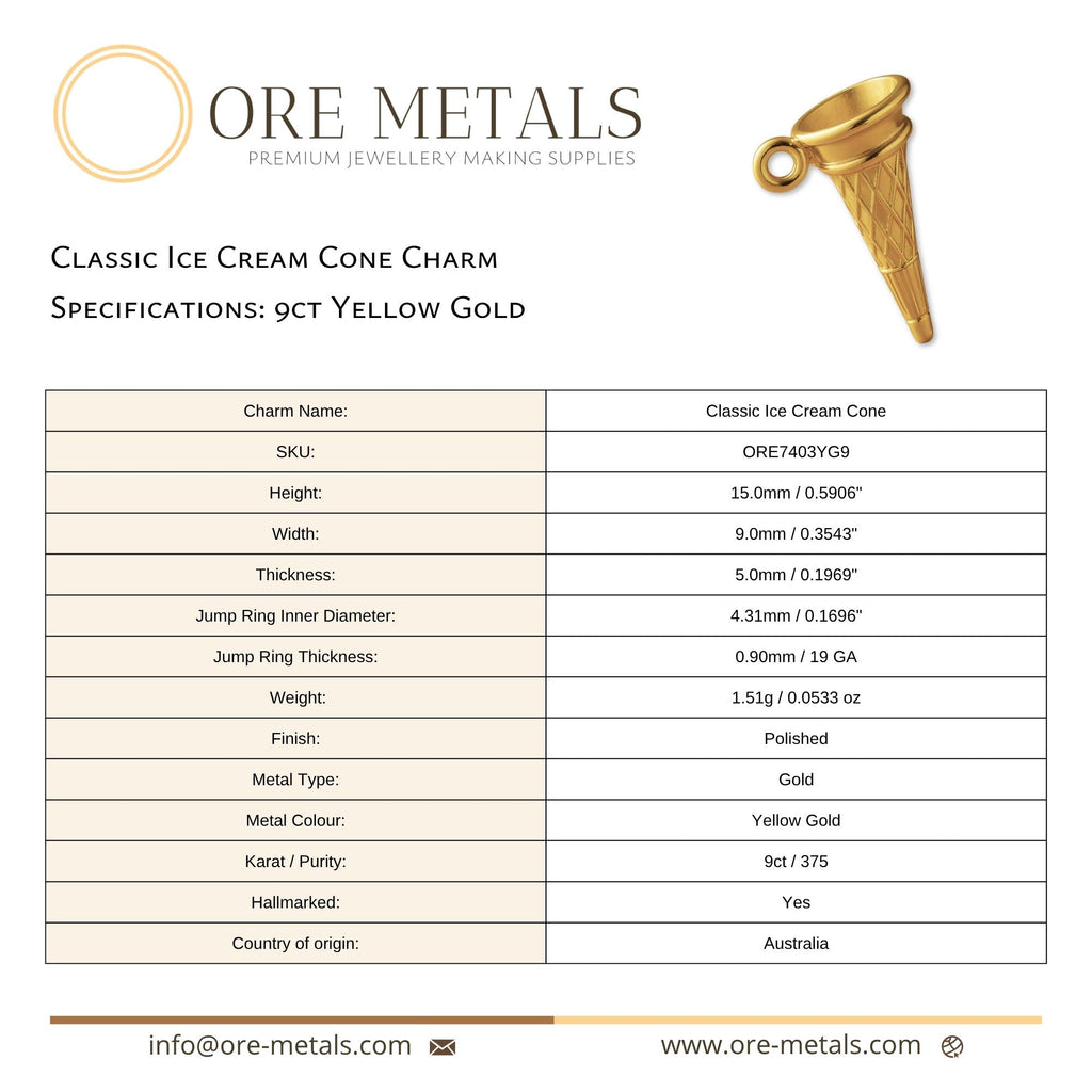 9ct Yellow Gold - Classic Ice Cream Cone Charm