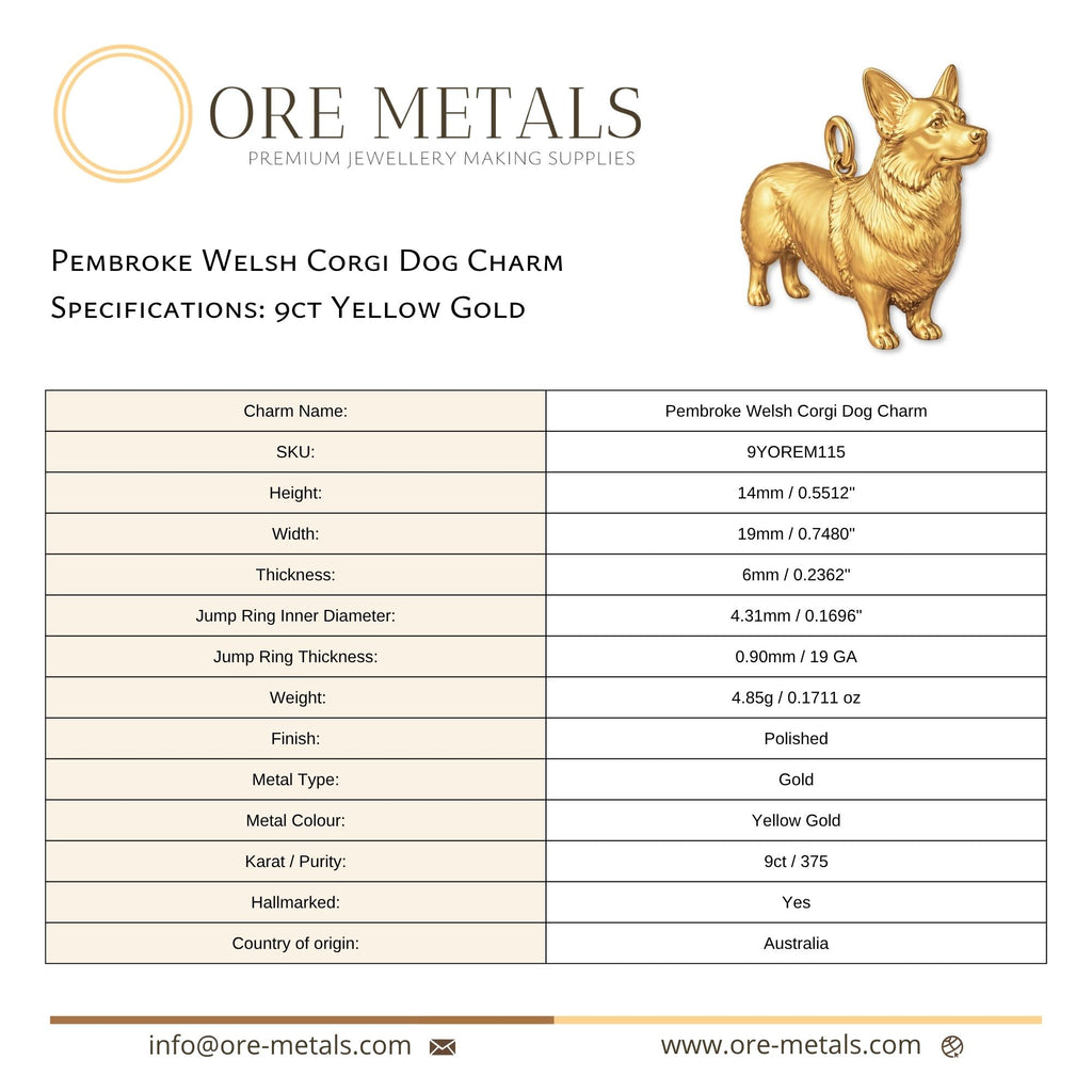 9ct Yellow Gold - Pembroke Welsh Corgi Dog Charm