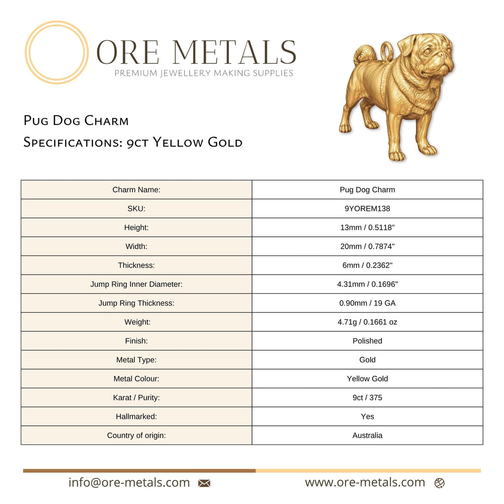 9ct Yellow Gold - Pug Dog Charm