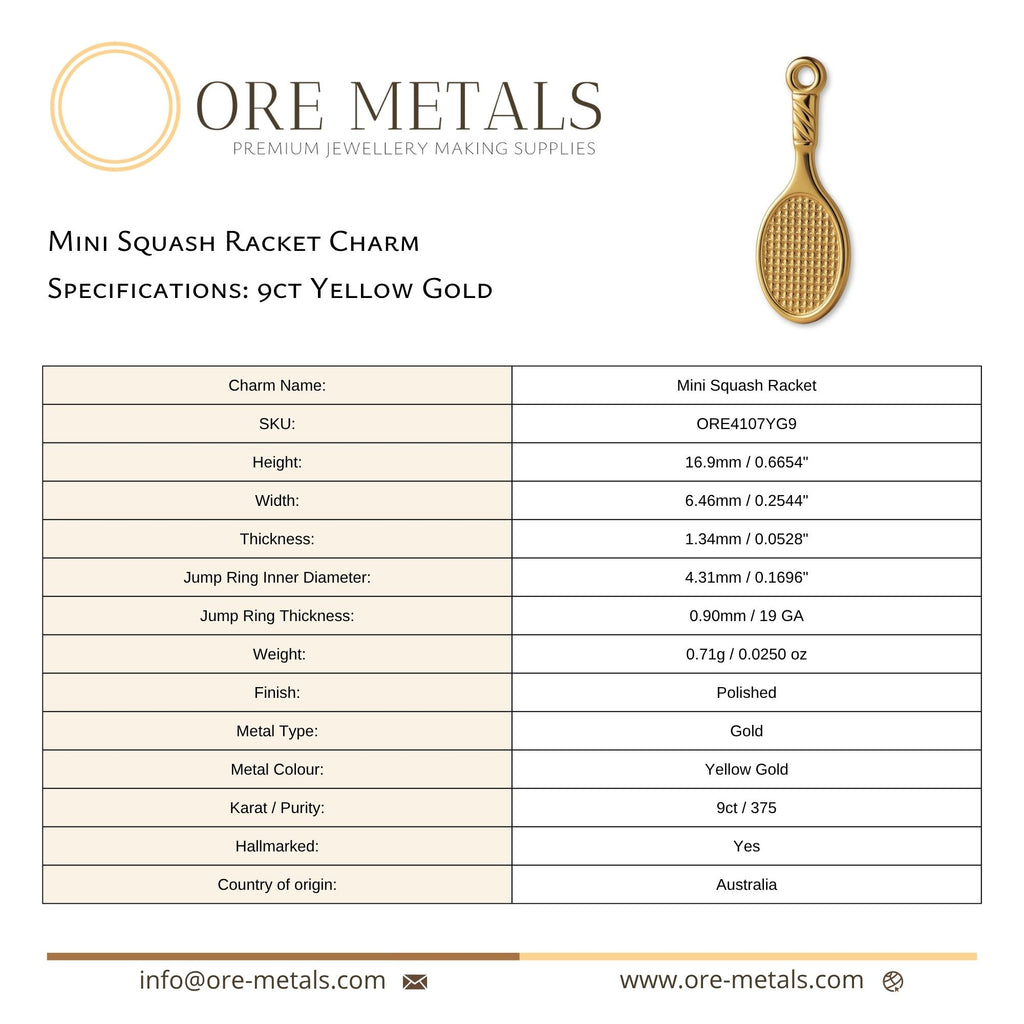 9ct Yellow Gold - Mini Squash Racket Charm
