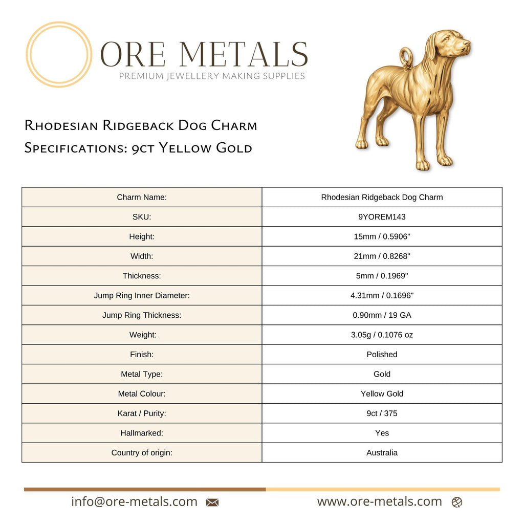 9ct Yellow Gold - Rhodesian Ridgeback Dog Charm